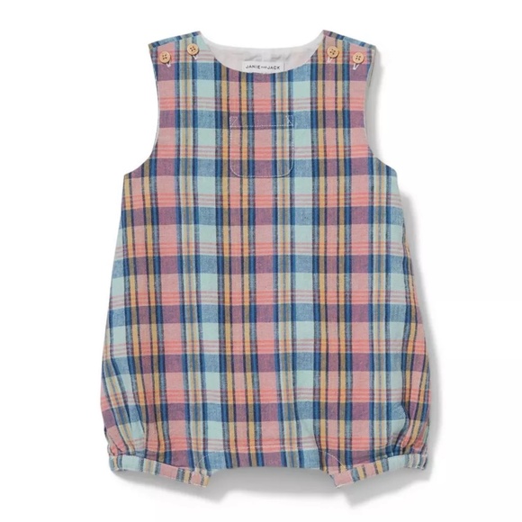 NWT Janie & Jack Plaid Linen One Piece and Tiger Short Sleeve Onesie Blue 6-12M - Picture 2 of 16